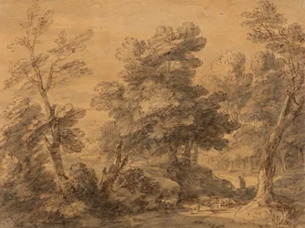 Bewaldete Landschaft mit Schäfer und Schafen